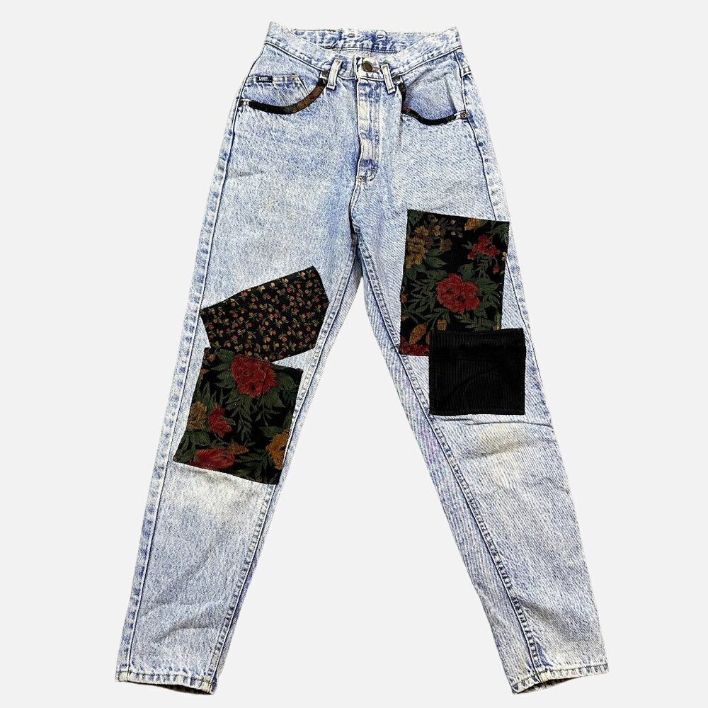 Vintage Lee Light Wash Patchwork Floral Cotton Denim Jeans High Rise Vtg Size 7